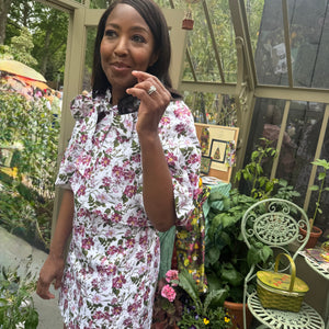Angellica Bell at RHS Chelsea 2026 Alitex Greenhouse Floral Bow Neck Dress Bow Neck Swing Jacket and Shift Dress. Pink and white Floral Bow Neck outfit Chelsea Lorelei London Pink Floral Print Inspired by The Kings Rose. Floral Mini Dress with Bow and sleeves. What was Angellica Bell wearing at RHS Chelsea on Friday 22nd May 2026. Made in The Uk, Sustainable Fashion Brand. August Beth Le Manoir