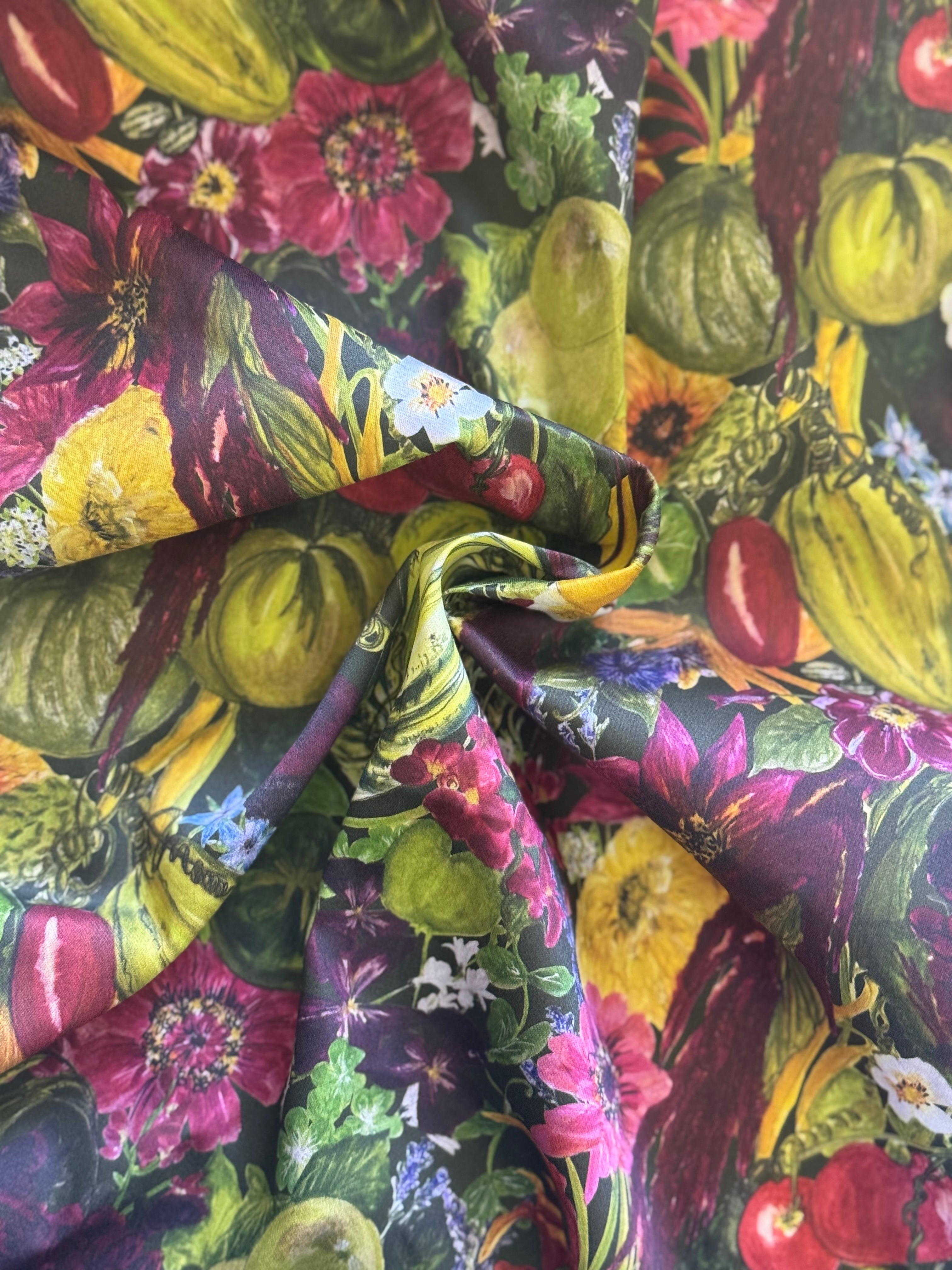 August Beth Vegetable Hand drawn Print skirt and tie by Lorelei London RHS Chelsea 2026 Alitex Inspired by Le manoir garden Sustainable brand made in the UK Organic natural fibres Vegetable Emporium 2