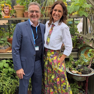 August Beth Vegetable Hand drawn Print skirt and tie by Lorelei London RHS Chelsea 2026 Alitex Inspired by Le manoir garden Raymond Blanc Sustainable brand made in the UK Organic natural fibres Sustainable Fashion Circular fashion Vegetable Emporium 3 What was August Beth wearing at Chelsea 2026. Vegetable skirt and tie.