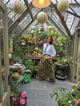 August Beth Vegetable Skirt and Tie Lorelei London RHS Chelsea 2026 Alitex Le manoir Sustainable brand made in the UK Vegetable Emporium 1. Alitex stand Lady in Vegetable skirt and tie at Chelsea Lorelei London