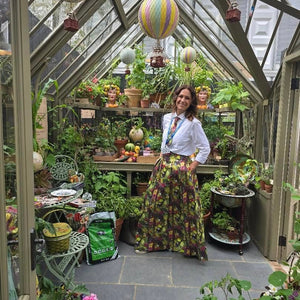 August Beth Vegetable Skirt and Tie Lorelei London RHS Chelsea 2026 Alitex Le manoir Sustainable brand made in the UK Vegetable Emporium 1. Alitex stand Lady in Vegetable skirt and tie at Chelsea Lorelei London