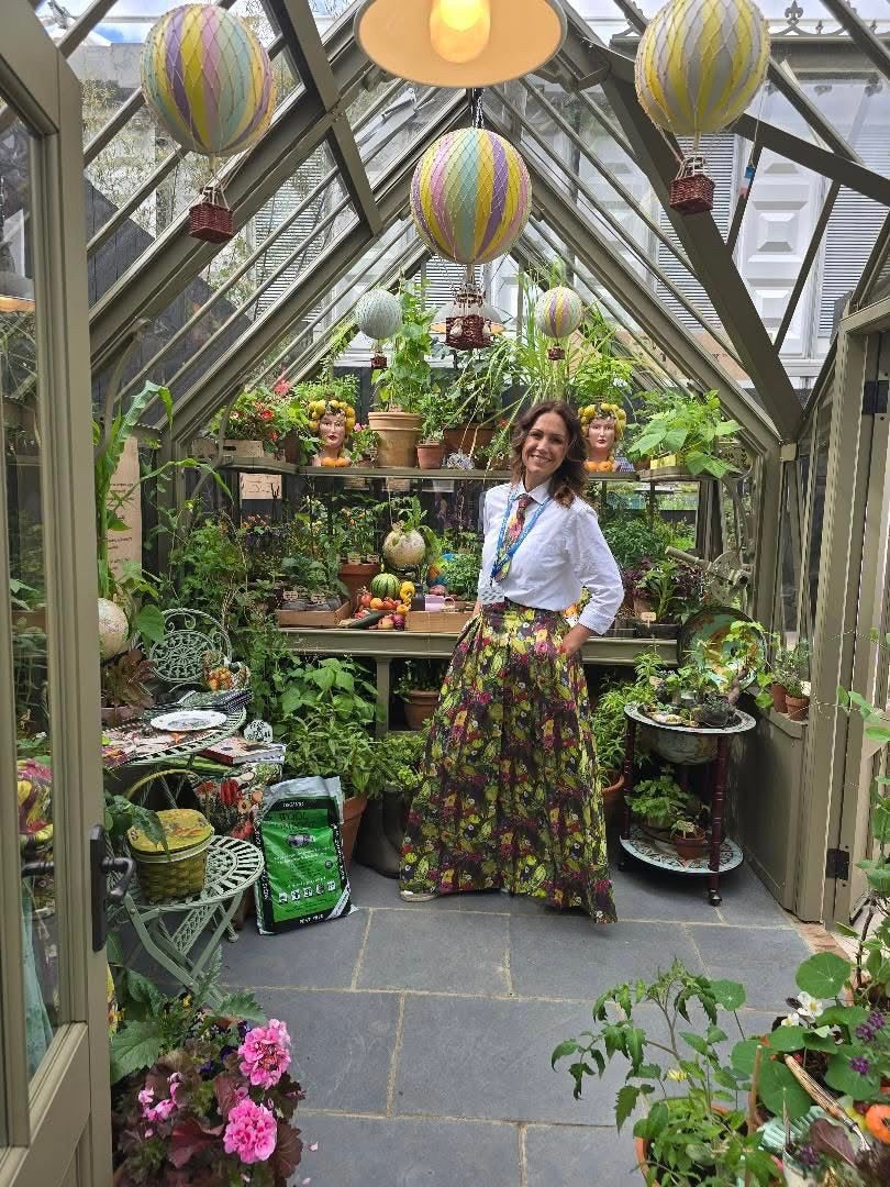 August Beth Vegetable Skirt and Tie Lorelei London RHS Chelsea 2026 Alitex Le manoir Sustainable brand made in the UK Vegetable Emporium 1. Alitex stand Lady in Vegetable skirt and tie at Chelsea Lorelei London
