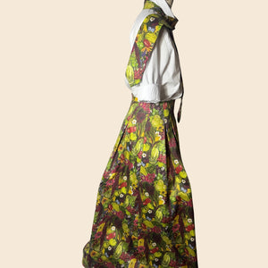 The Tie and skirt as seen on August Beth at RHS Chelsea 2026. Vegetable Emporium Alitex collaboration. Vegetable print inspired by Le Manoirs garden. Edible produce, Hand drawn prints. Sustainable Fashion brand Slow Fashion