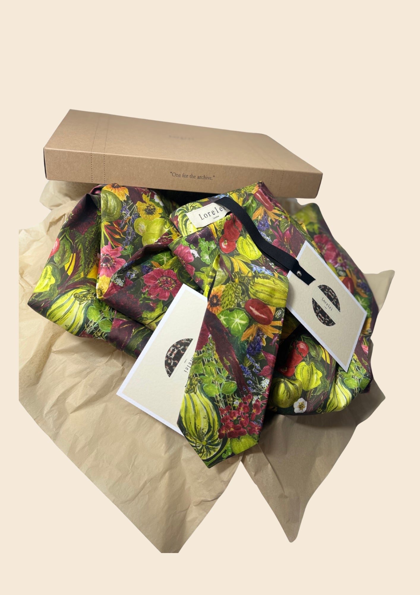 A boxed up parcel ready for delivery of the Vegetable Print inspired by the gardens at Le Manoir.  Bespoke Print and design created for August Beth to celebrate her collaboration with Alitex on Main Avenue at The Chelsea Flower Show Worn on press day in her vegetable emporium.