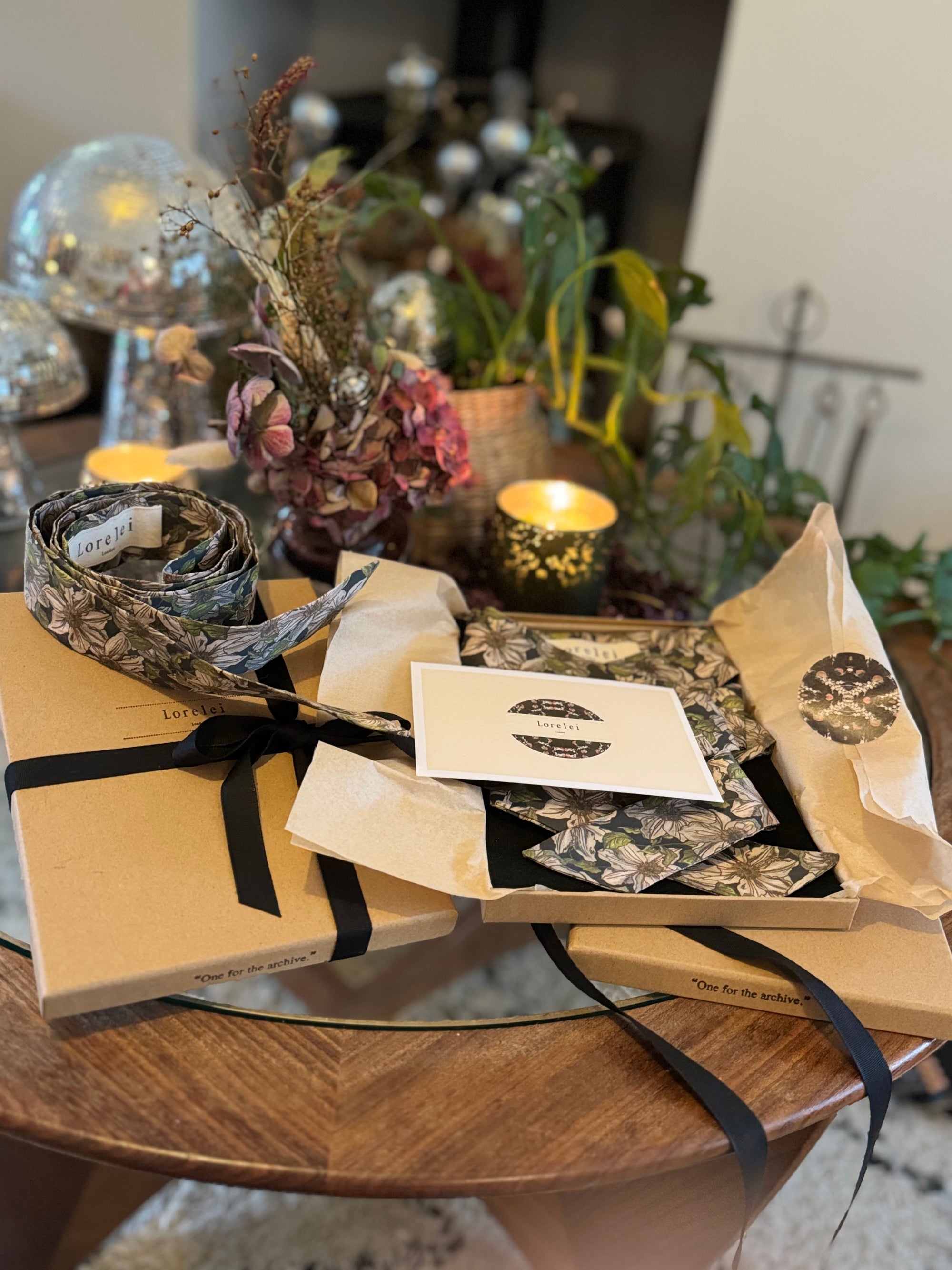 The Lorelei Skinny Tie - Amanda's Garden Print -Neck-tie, hair bow ,bow tie, belt. Gift Box - Luxury gift- Lorelei Packaging.