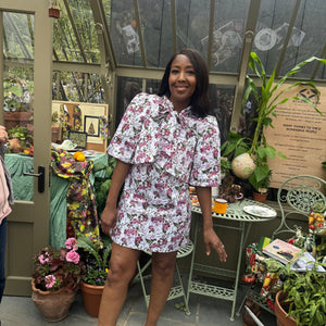 Angellica Bell on the BBC presenting RHS Chelsea  Flower show 2026 Episode 9 on Iplayer What was Angellica Bell wearing on Friday 22nd May 2026 to present the Chelsea Flower Show. Gorgeous Floral print inspired by The Kings Rose. Pink and white floral print. Hand drawn made in theUk onto organic natural fibres. Lorelei London Sustainable brand.